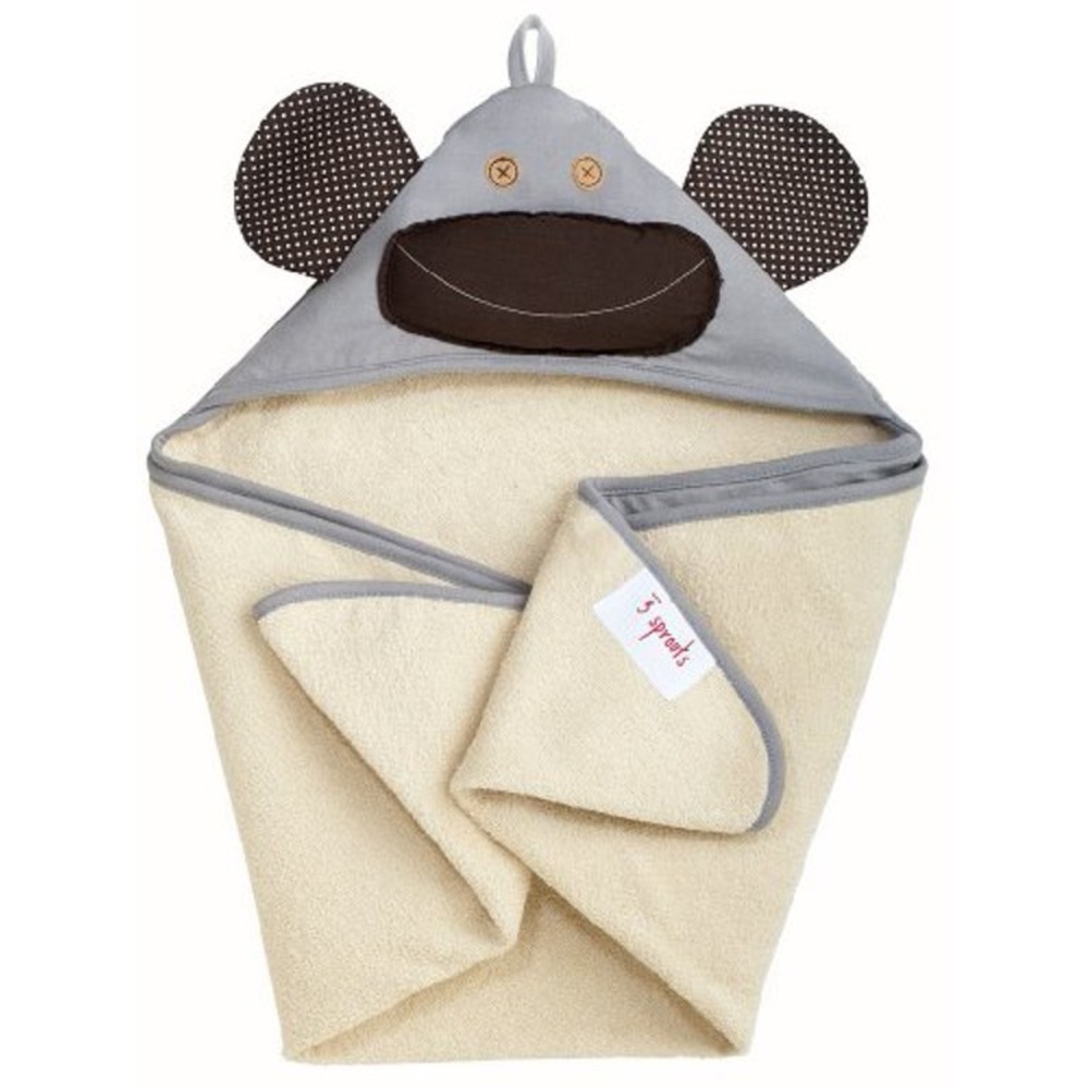 NWT - 3 Sprouts Organic Hooded Gray Monkey Towel Size 31”x31”